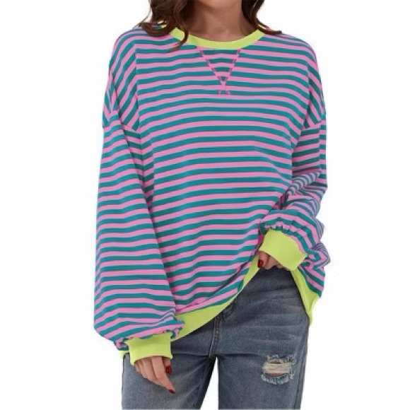 Striped Pink and Blue Sweater with Neon Green Accents - Picture 1 of 3